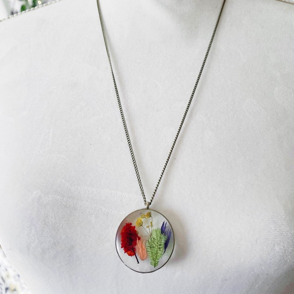 Rainbow pride floral botanical circular resin necklace in antique gold